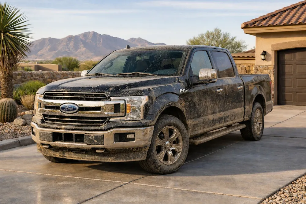 Ford F-150 covered in mud and desert grime before detailing