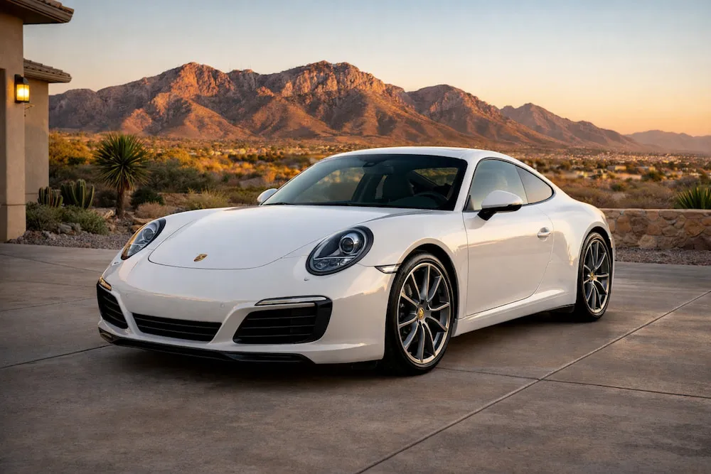 Freshly detailed white Porsche 911 in an El Paso driveway with the Franklin Mountains at sunset